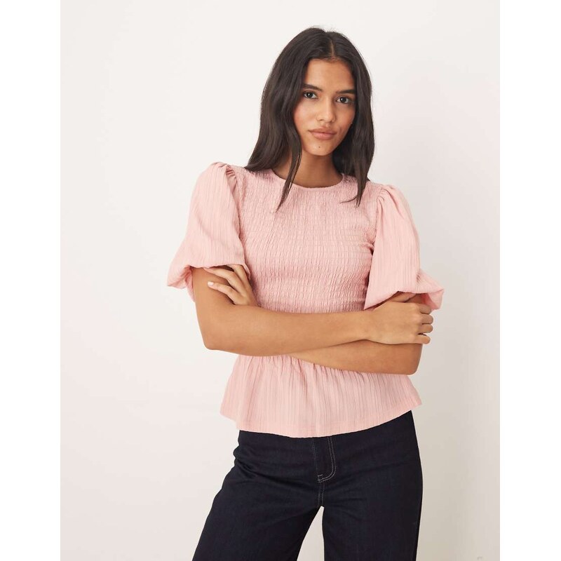 Threadbare puff sleeve textured top with shirring detail in pink 115514385