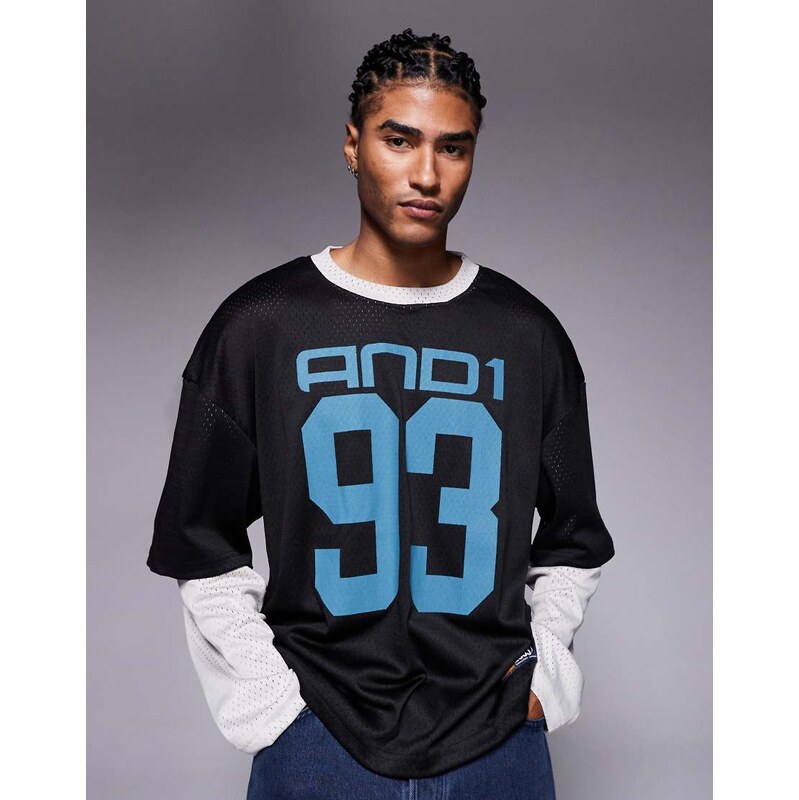 AND1 double sleeve layered mesh jersey top in black multi 109848838