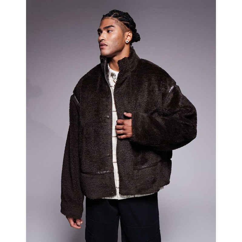 ASOS DESIGN oversized jacket with funnel neck in borg in brown