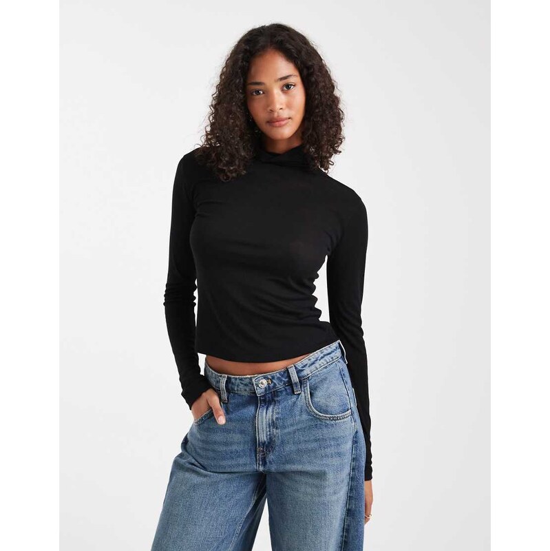 Miss Selfridge fine knit grown on neck long sleeve top in black 114156954