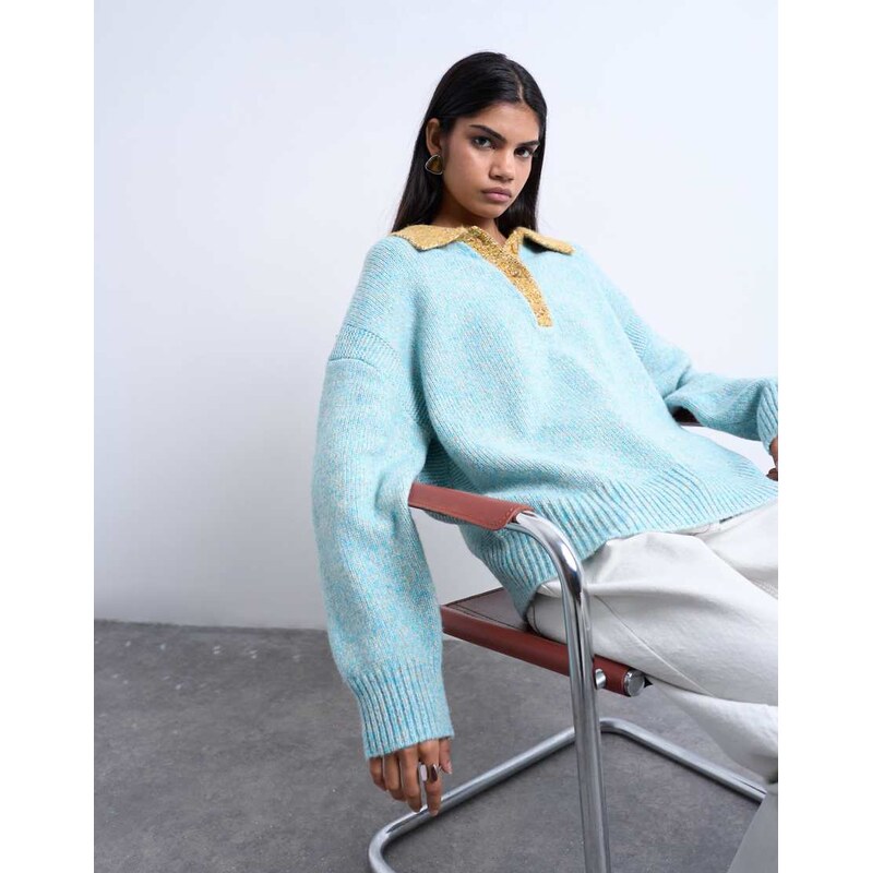Topshop knitted oversized twist yarn contrast collar polo in blue 109773711