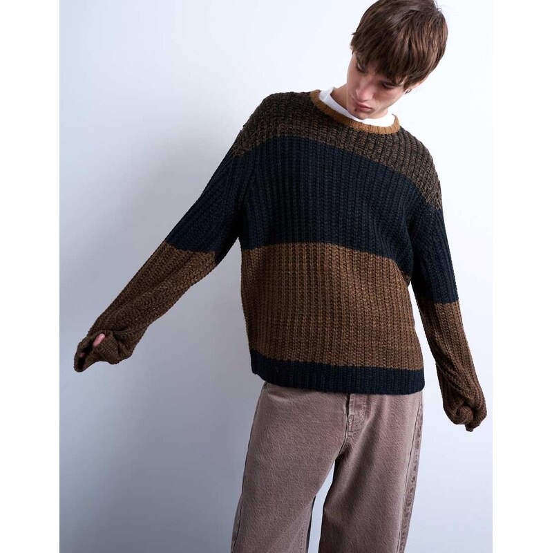Topman oversized fit colour block stripe jumper in brown