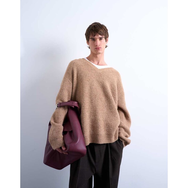 Topman oversized fit v neck jumper in stone-Neutral