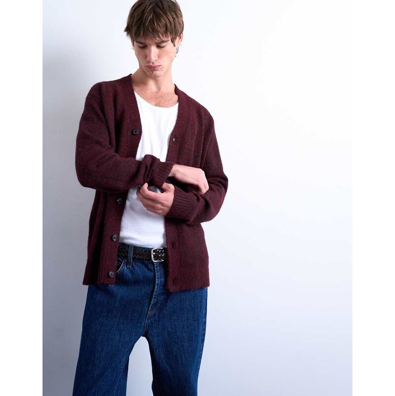 Topman oversized v neck cardigan in burgundy-Red