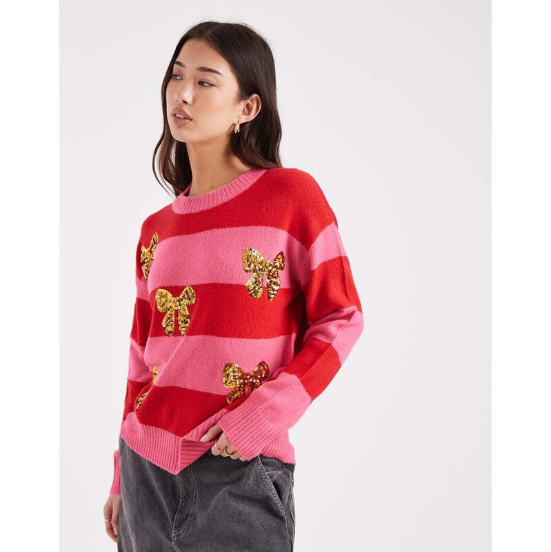 Brave Soul crew neck stripe jumper with sequin bow detail in