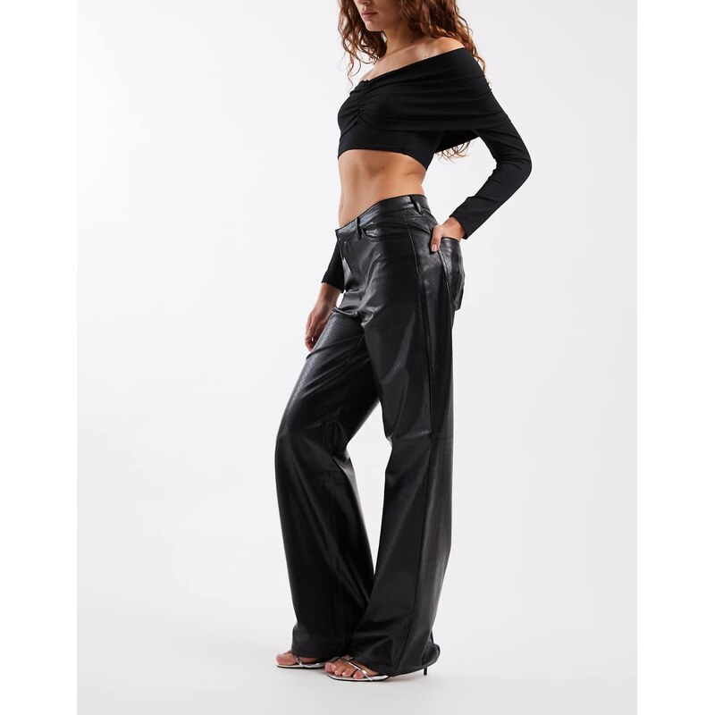 ONLY high waist wide leg faux leather trousers with woven