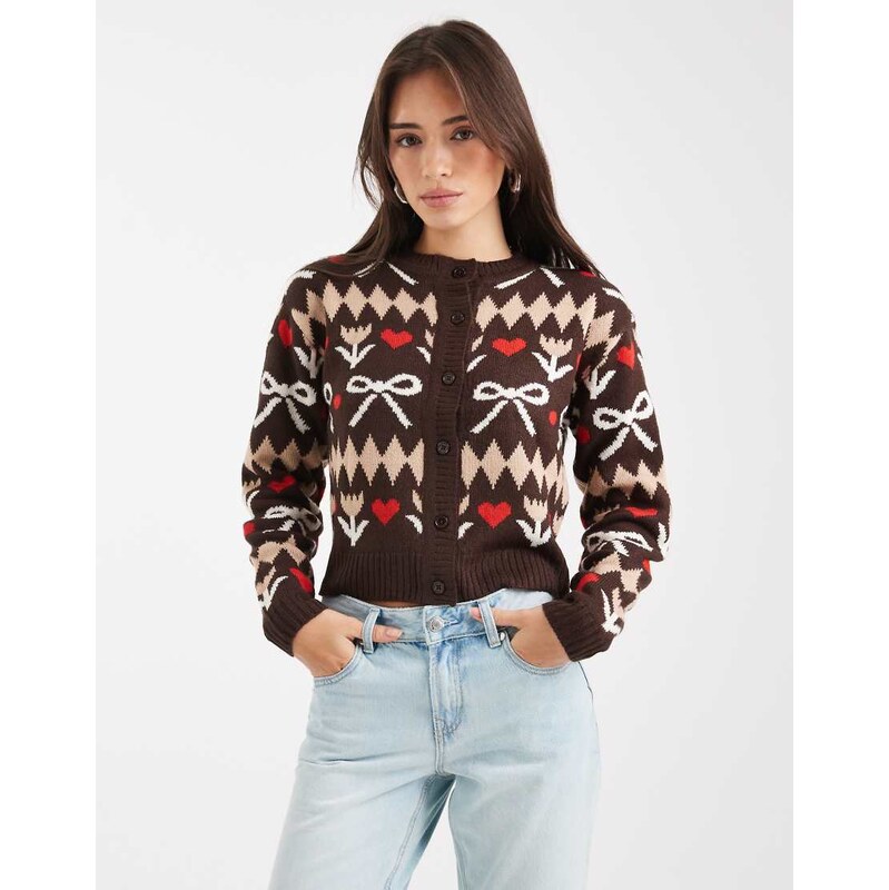 Wednesdays Girl bow intarsia cardigan in brown-Multi 114996565