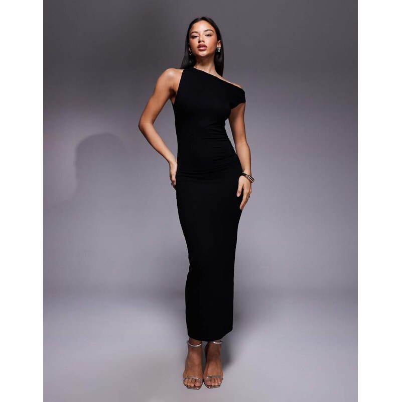 ASOS DESIGN off shoulder asymmetric plaited midaxi dress in