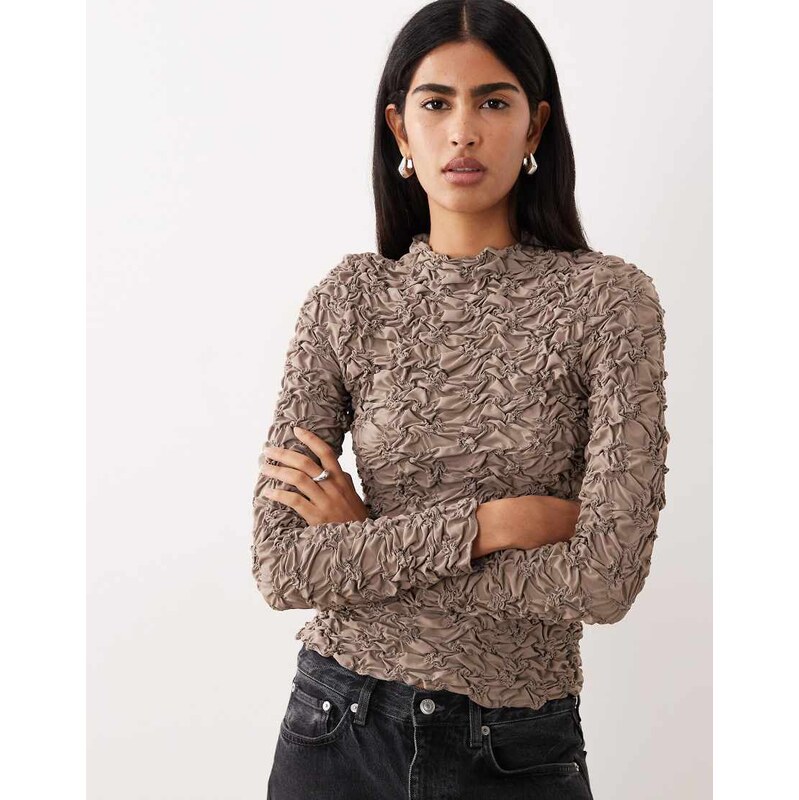 YAS 3D textured long sleeve top in taupe grey