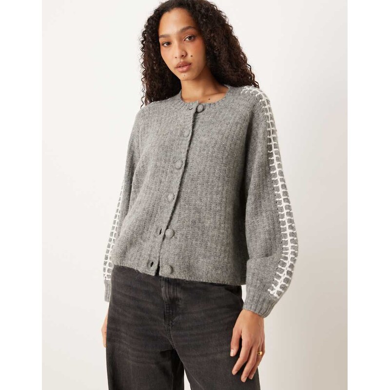 YAS contrast stitch detail soft cardigan in medium grey melange