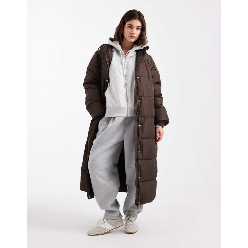 Pieces hooded maxi padded coat in chocolate brown 109773792
