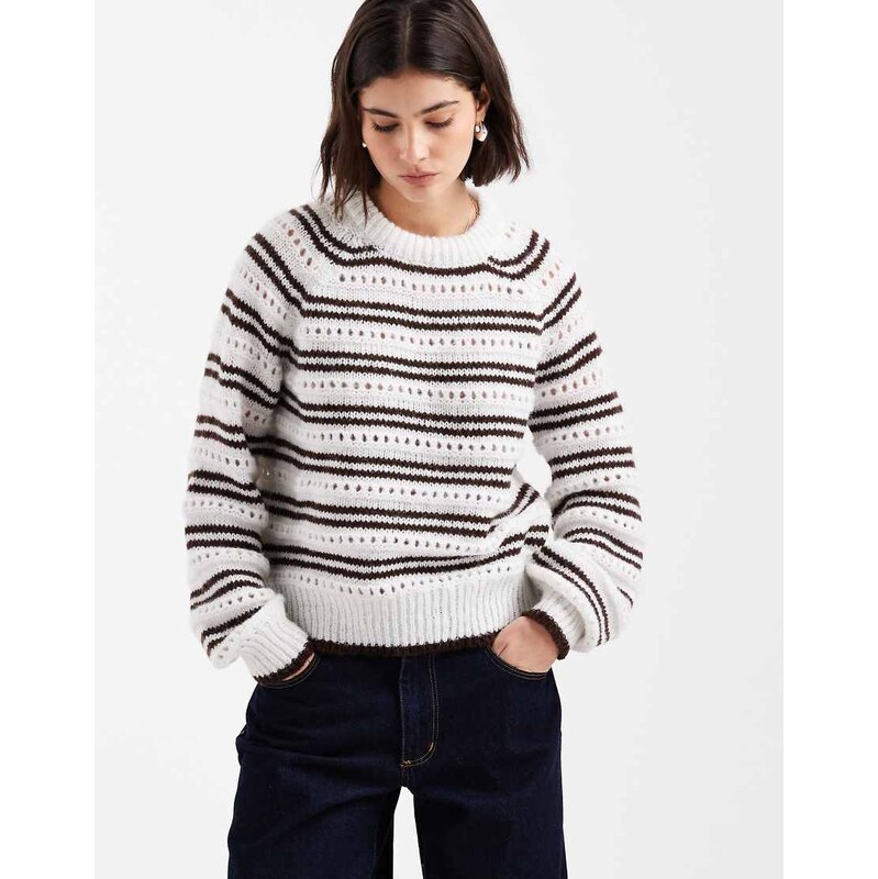 Pieces pointelle knitted jumper in white and chocolate brown 109773793