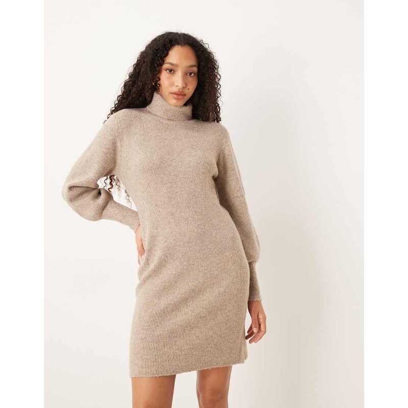 Vila balloon sleeve knitted mini dress in natural melange-Pink