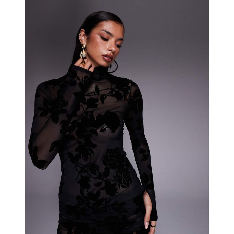 AFRM roll neck floral flocking detail top co-ord in black-Pink