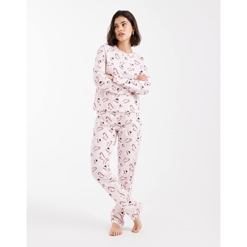 Pieces Christmas long sleeve pyjama set in pink snowman print