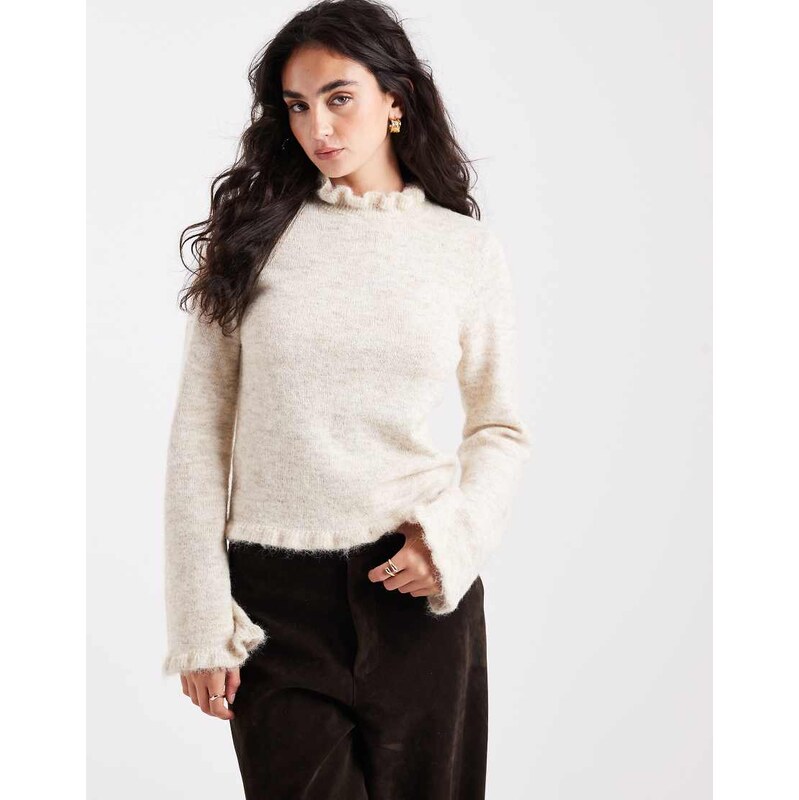 Pieces frill neck knitted jumper in cream melange-White