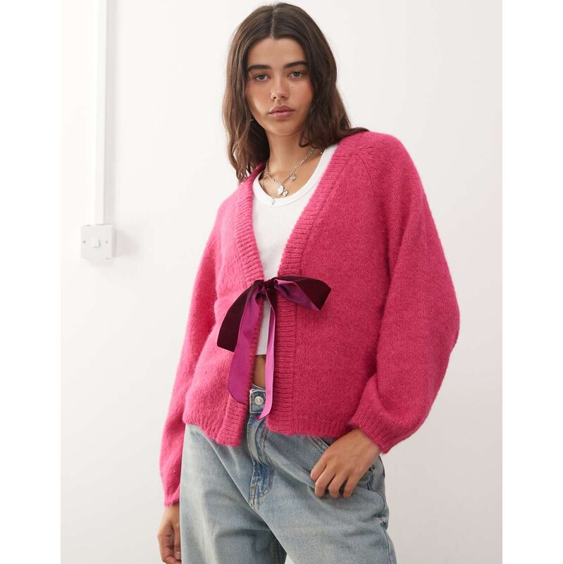 Noisy May lightweight reversible bow detail knit in pink 109773826