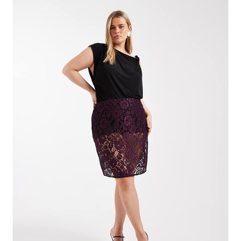 ASOS Curve ASOS DESIGN Curve sheer lace knee length skirt in plum 109040216