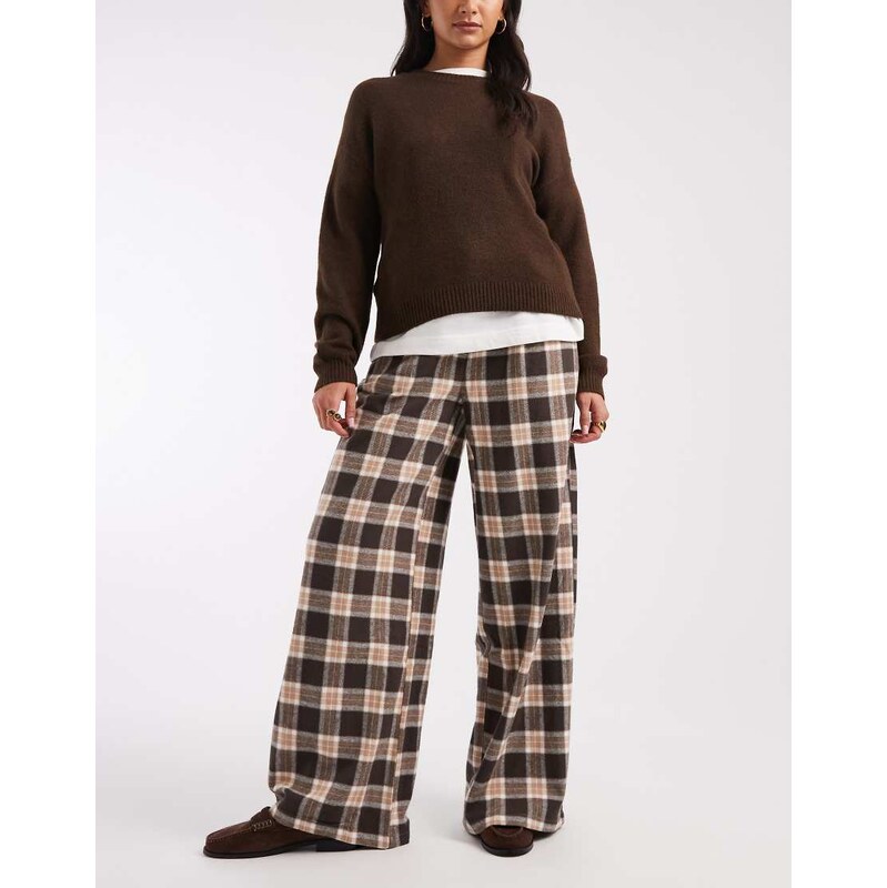 Object wide leg textured check trousers in brown
