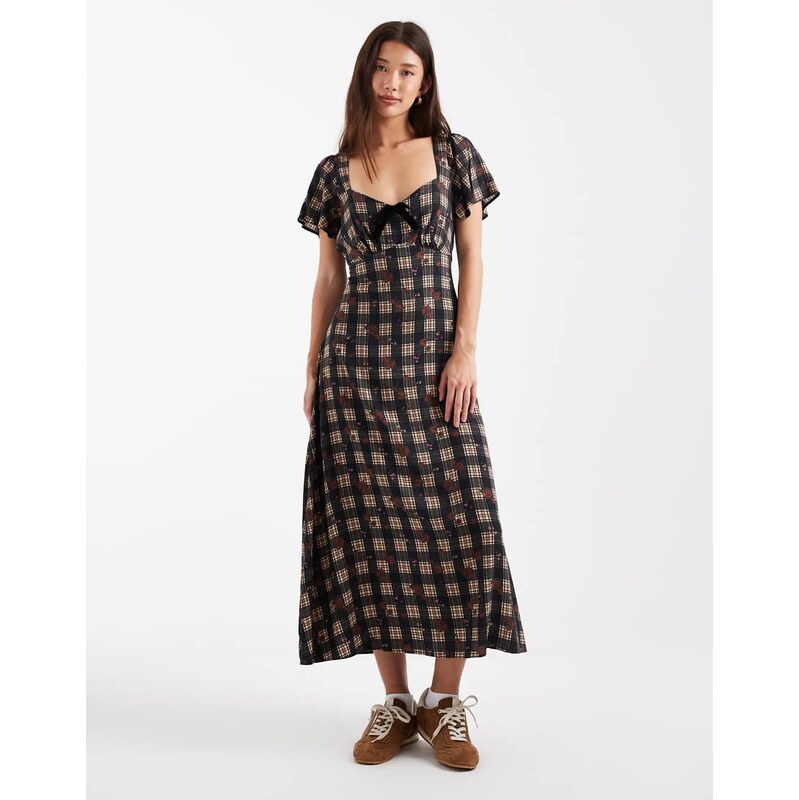 New Look check velvet bow midi dress in black