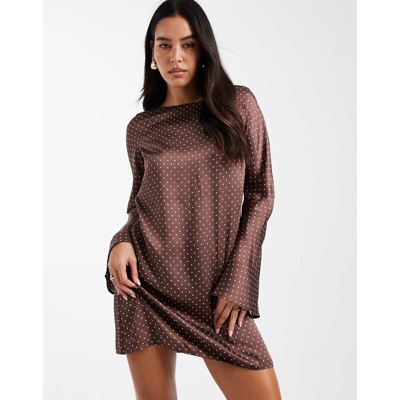 New Look polka dot satin long sleeve mini dress in brown