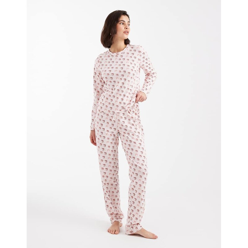 Pieces Christmas long sleeve pyjama set in pink bow print 115516030