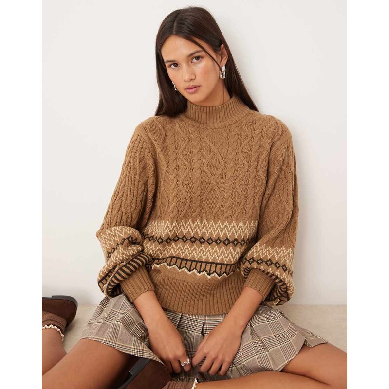 Threadbare chunky turtleneck jumper with fairisle design in brown and 113636832