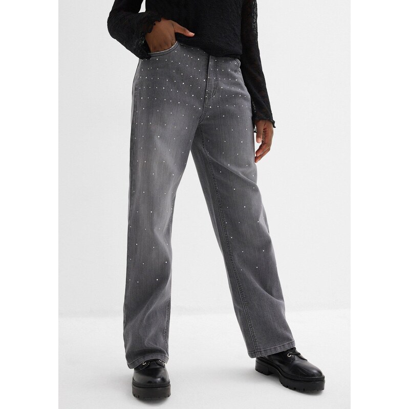 bonprix Džíny Wide Leg se štrasovými kamínky, Mid Waist šedá