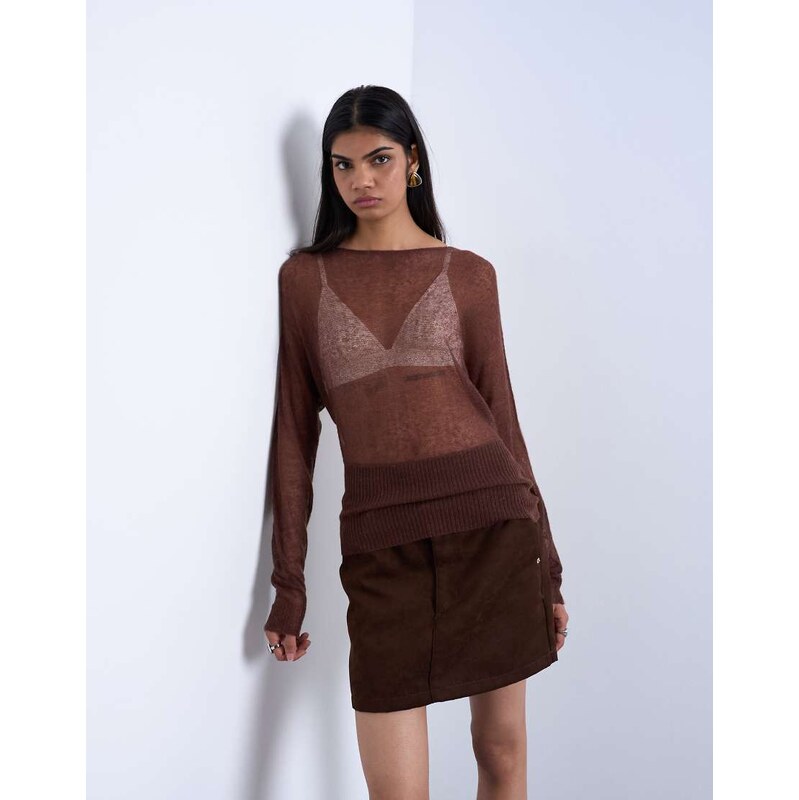 Topshop knitted sheer cinch waist top in chocolate-Brown
