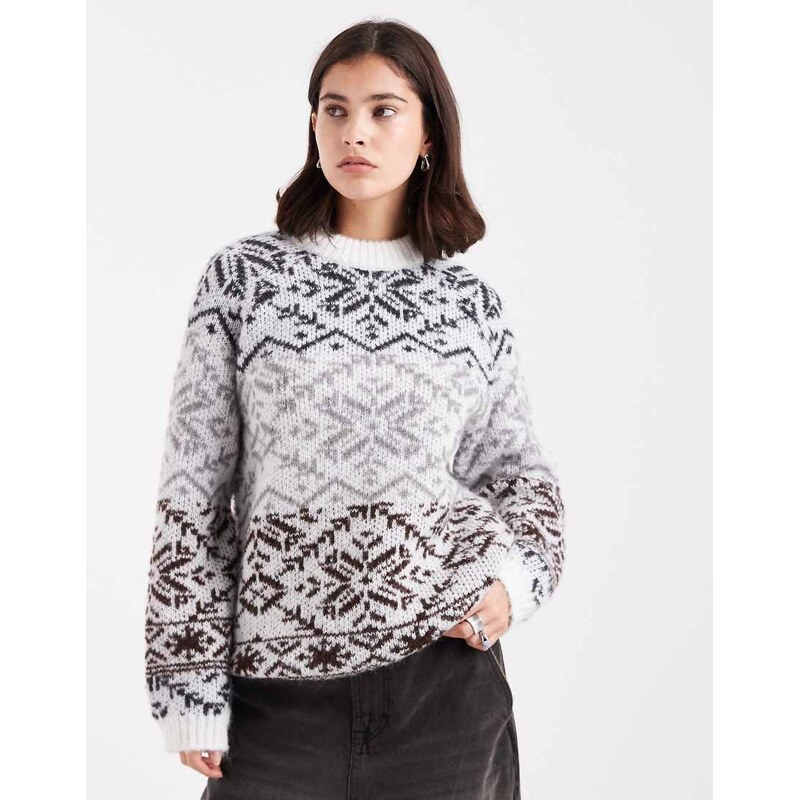 Pieces high neck knitted jumper in neurtral fairisle print