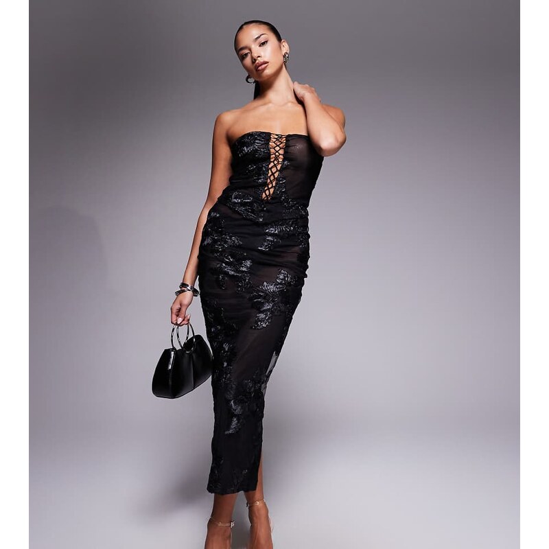 Murci exclusive mesh column maxi skirt co-ord in textured black floral 115184259