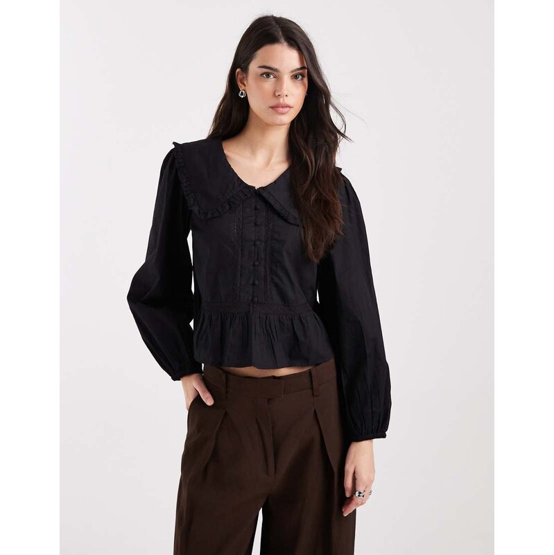 New Look frill collar blouse with broderie trim in black 110556351
