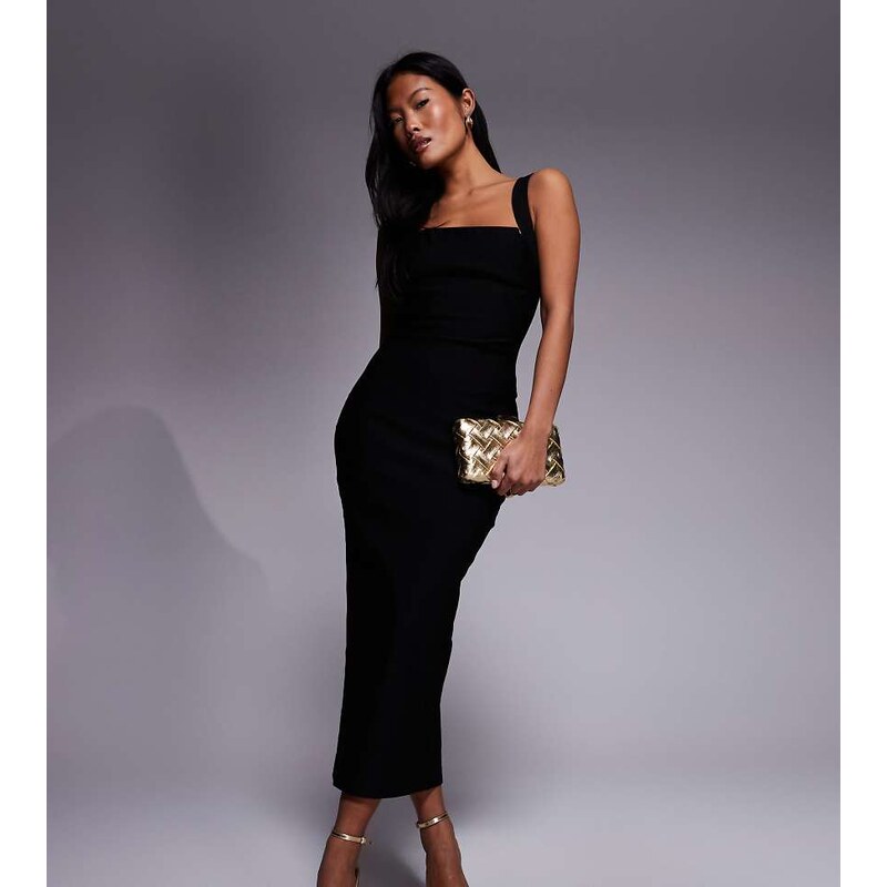 Vesper Petite bengaline square neck scoop back midaxi dress in black 115517296