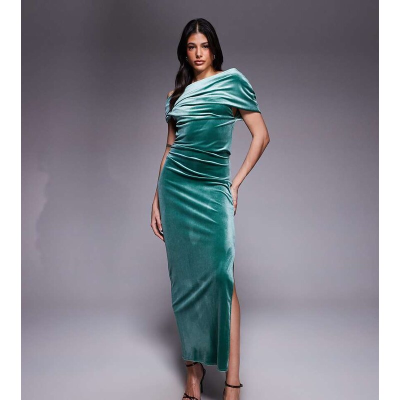 ASOS Tall ASOS DESIGN Tall velvet midi dress with fallen shoulder in 109781322