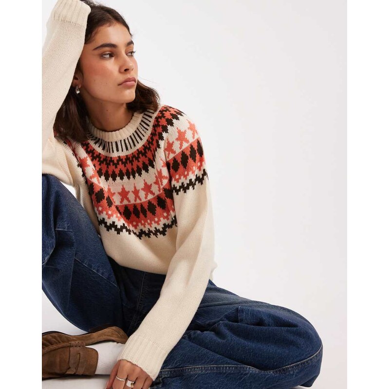 Threadbare high neck fairisle jumper in cream-Multi