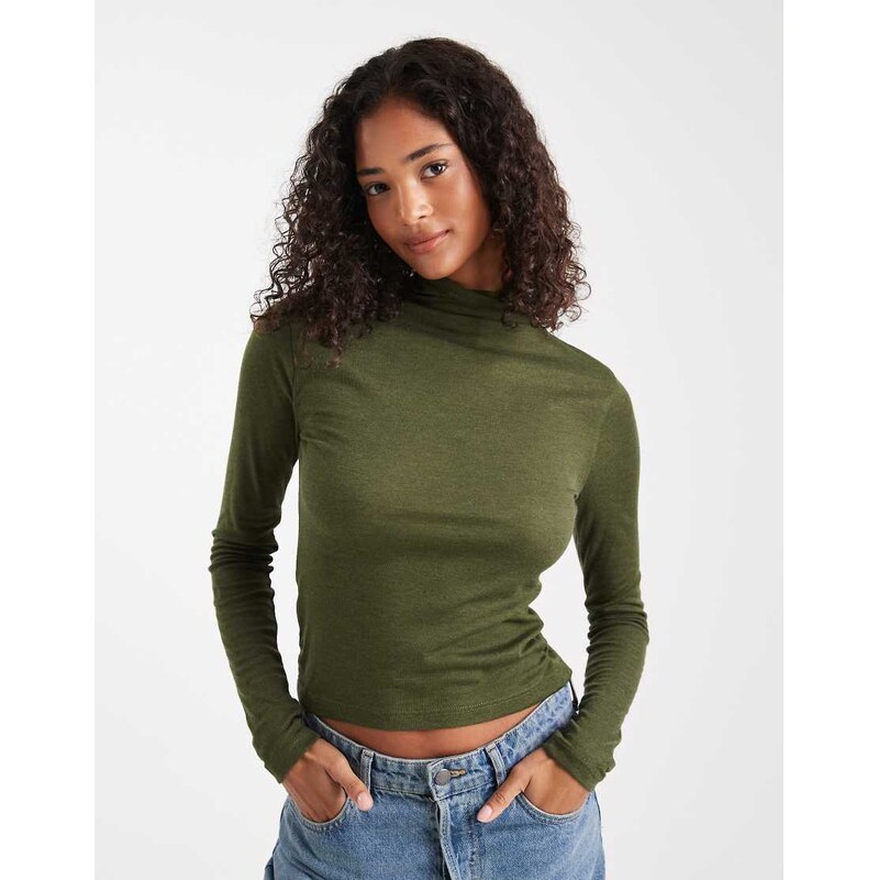 Miss Selfridge fine knit grown on neck long sleeve top in olive-Green 109848520