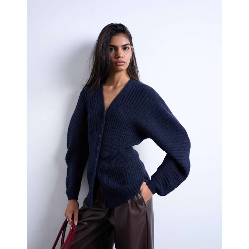Topshop knitted ovoid sleeve cinch cardigan in navy