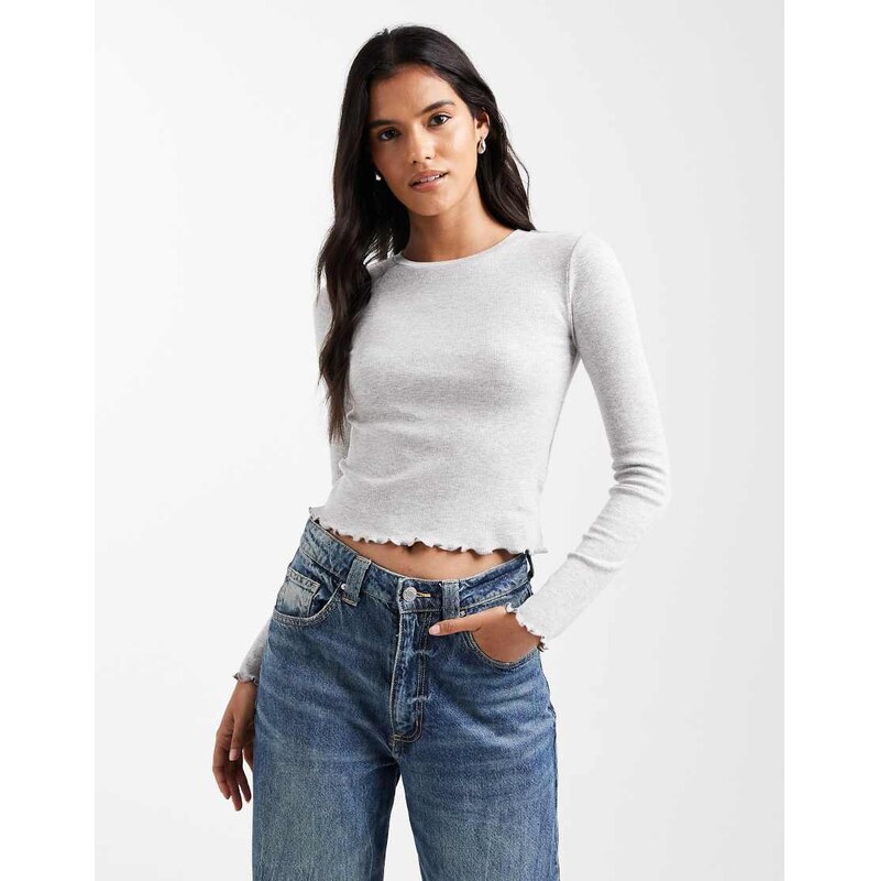 Brave Soul cotton long sleeve t-shirt with lettuce hem in grey 115513463