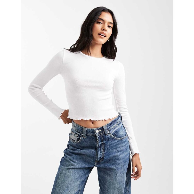 Brave Soul cotton long sleeve t-shirt with lettuce hem in white 115409018