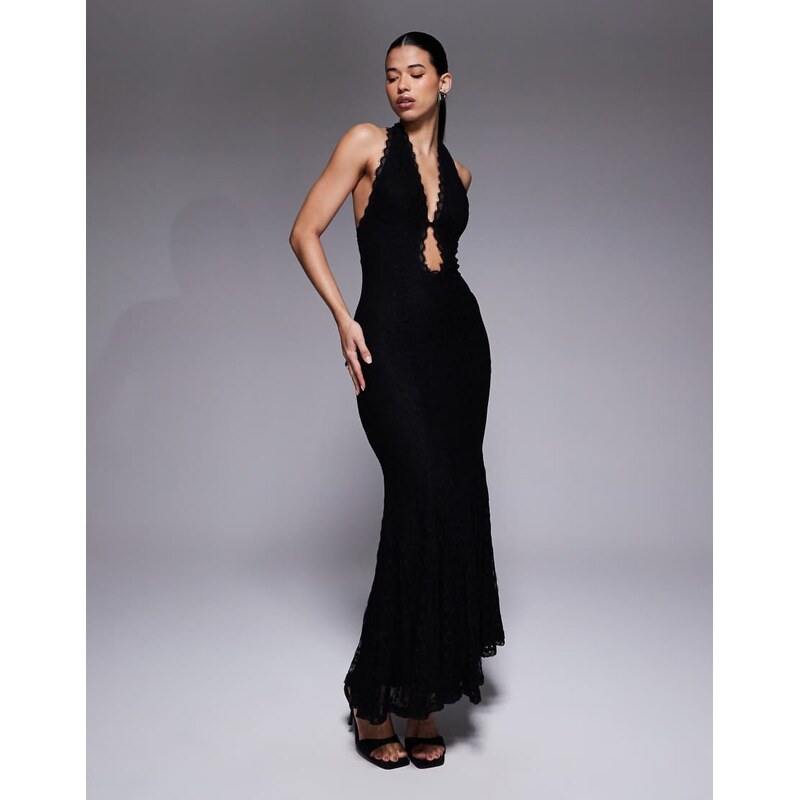 Aria Cove lace plunge halterneck maxi dress in black