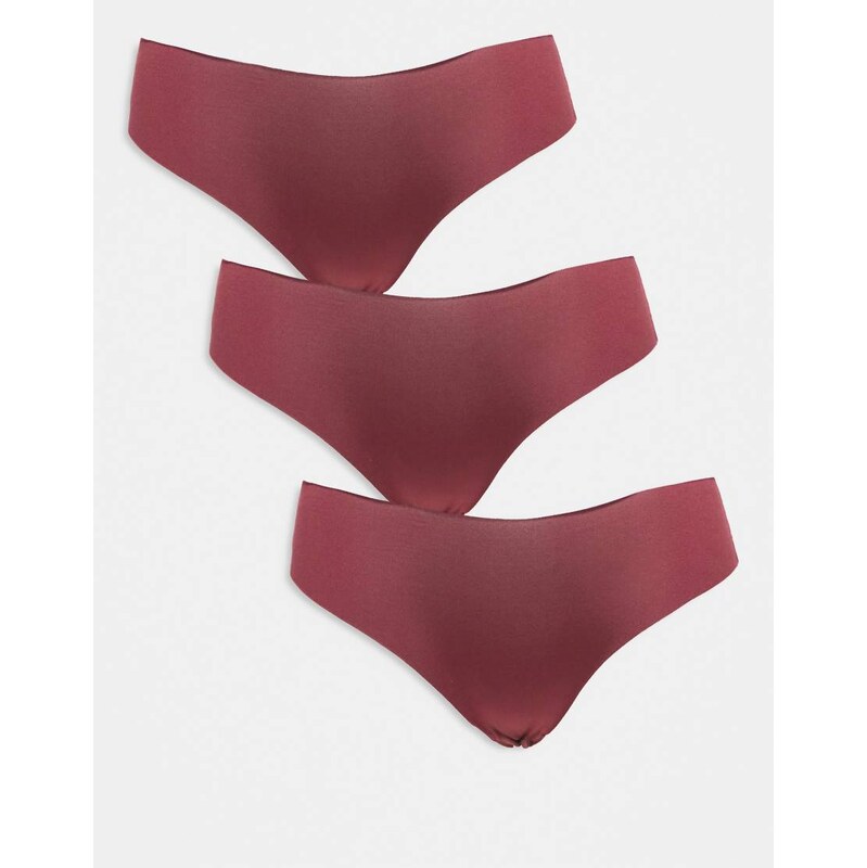 ASOS DESIGN 3 pack no vpl & lace brazilian brief in burgundy-Multi 109437613