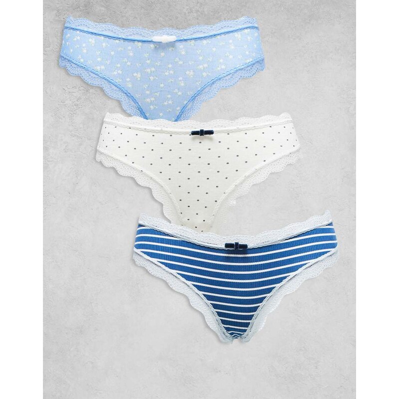 ASOS DESIGN 3 pack brazilian brief with lace trim in blue ditsy, polka 115514170