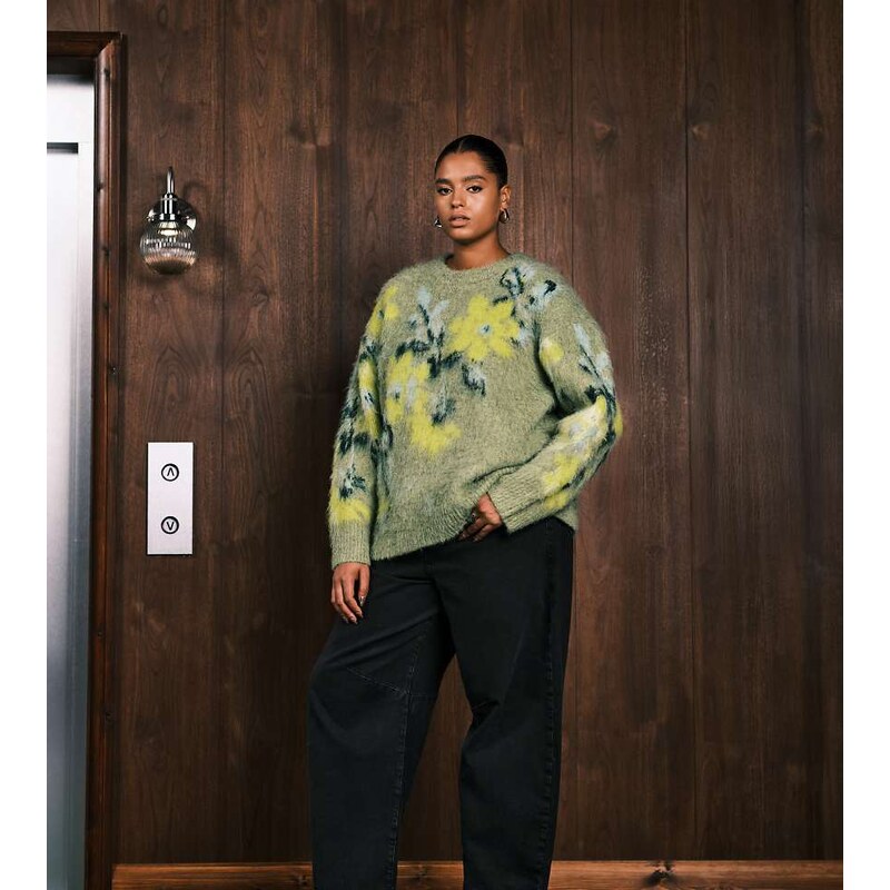 ASOS Curve ASOS DESIGN Curve brushed floral placement jumper in sage 108427788