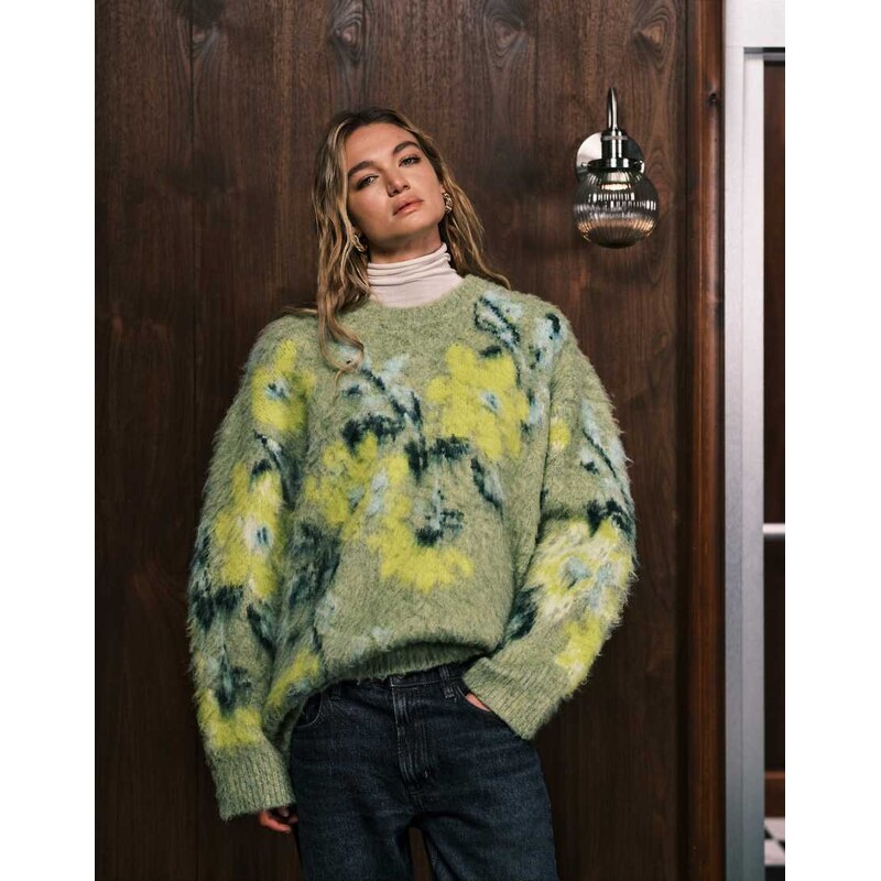 ASOS DESIGN brushed floral placement jumper in sage-Green