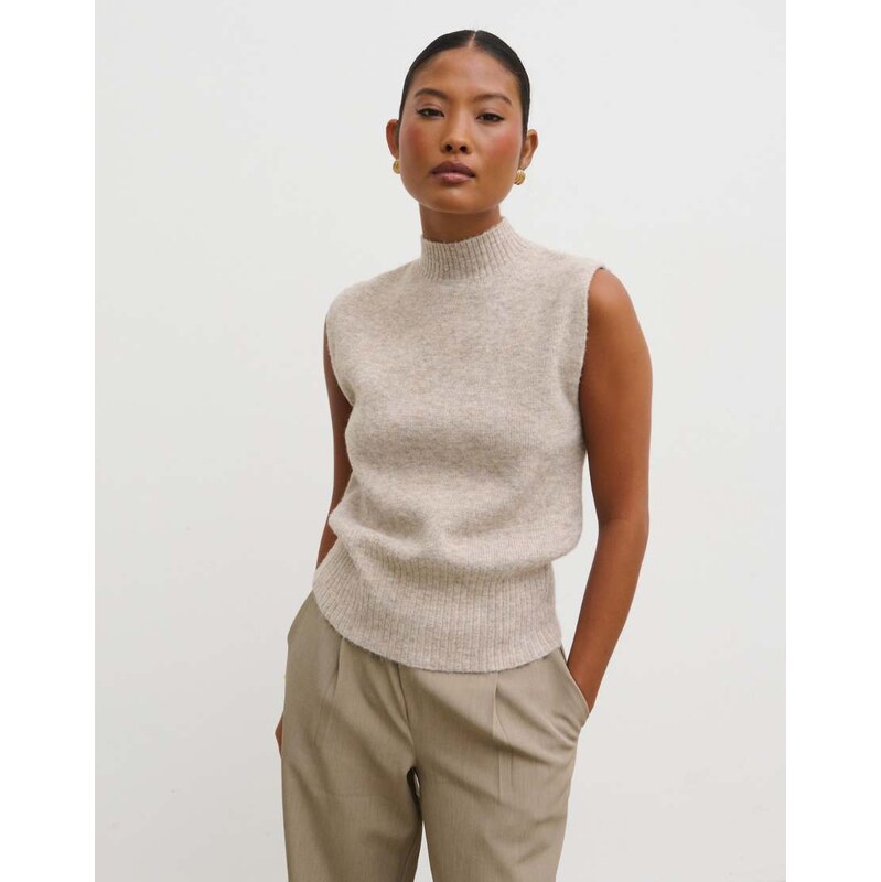 Pretty Lavish knitted high neck sleeveless jumper in stone-Brown