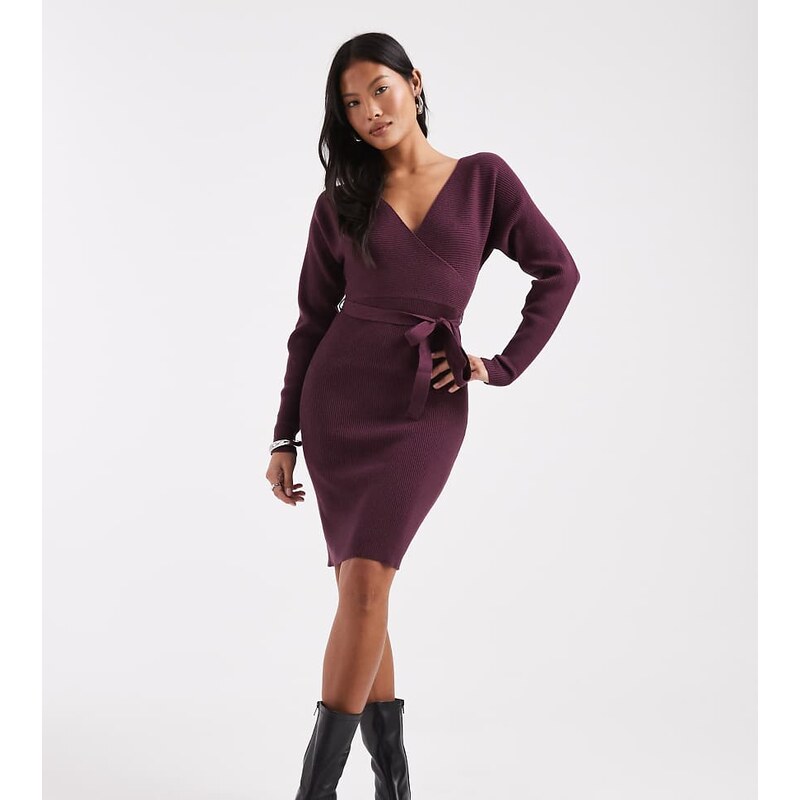 Vero Moda Petite wrap belted long sleeve knitted mini dress in