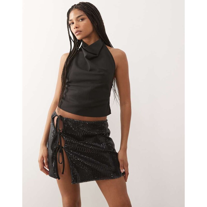 Reclaimed Vintage sequin mini skirt with side ties in black