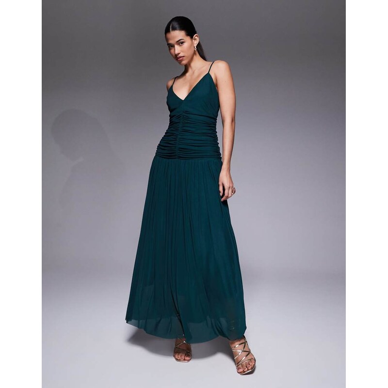 Aria Cove chiffon v neck dropped pleated waist maxi dress in forest 115513928