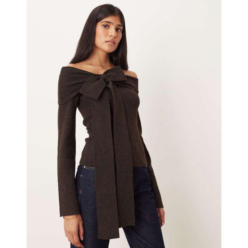 Pretty Lavish bardot bow knit top in chocolate brown 109786990