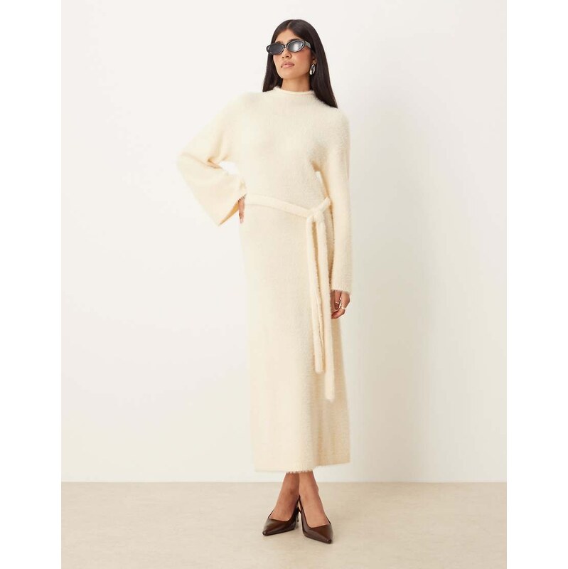 Pretty Lavish fluffy tie waist knitted midaxi jumper dress in cream 109821233